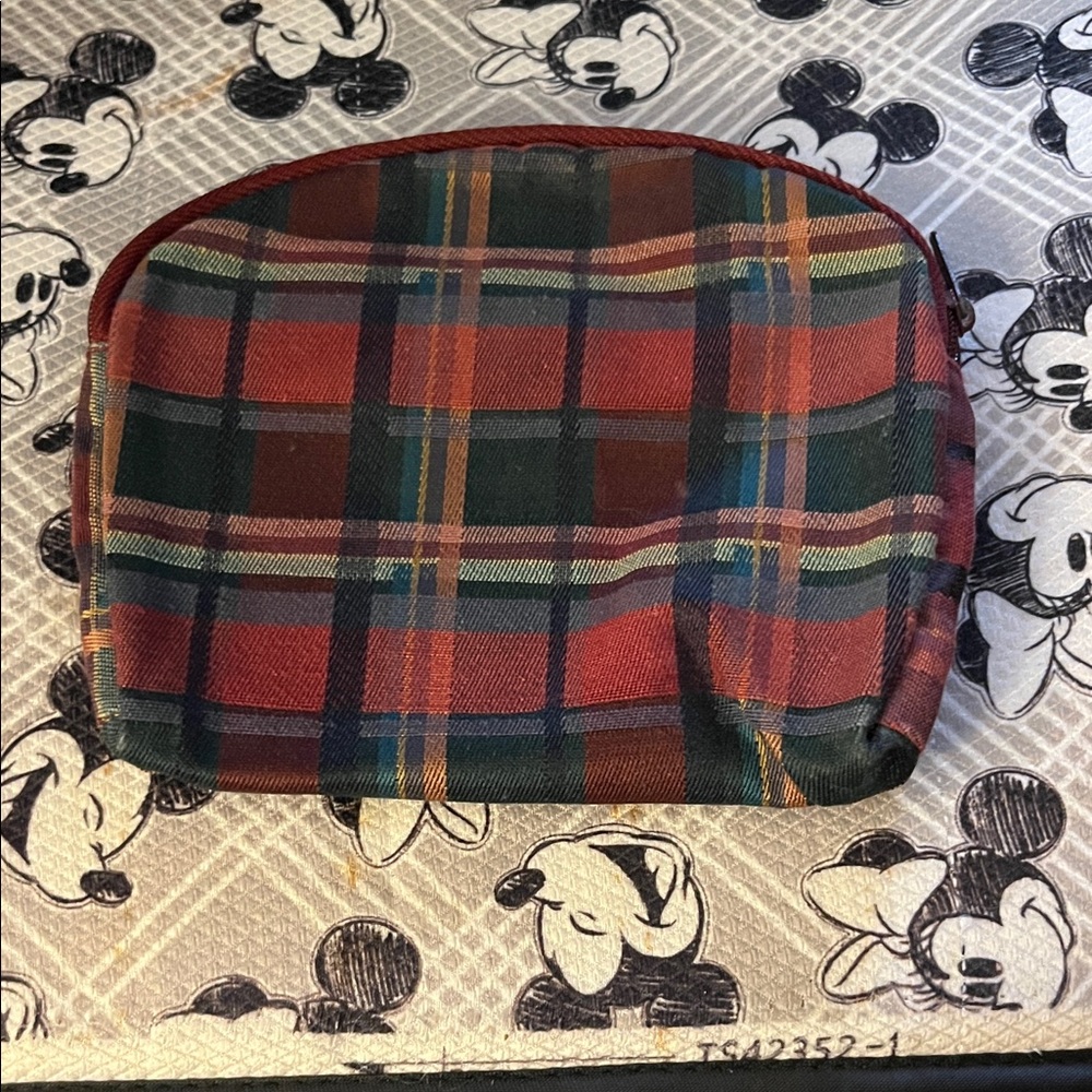 Plaid Cosmetic Bag with Red and Green Accents